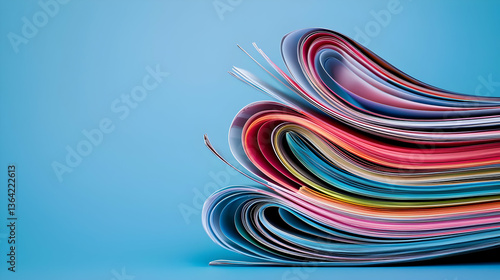 Colorful Magazines Stacked On Blue Background