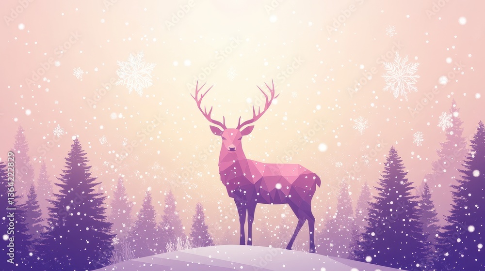 Winter Deer with Snowy Forest, Polygon Art, and Christmas. Winter Deer with Snowy Forest, Polygon Art, and Christmas.