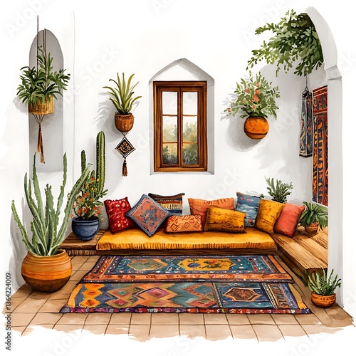 Wallpaper Mural Serene Bohemian Interior Design Cozy Room with Plants and Colorful Rugs. Torontodigital.ca