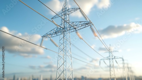 Power lines stretch across a clear sky, conveying sustainable energy for urban landscapes and modern infrastructure.