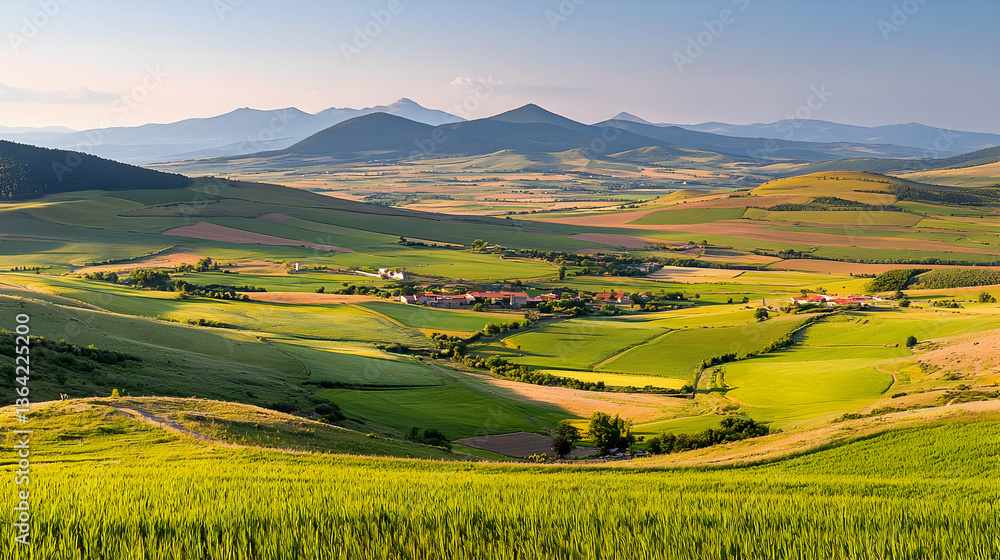 Obraz premium Expansive Valley And Vineyard Landscape Under Sunny Sky With Rolling Hills And Remote Village