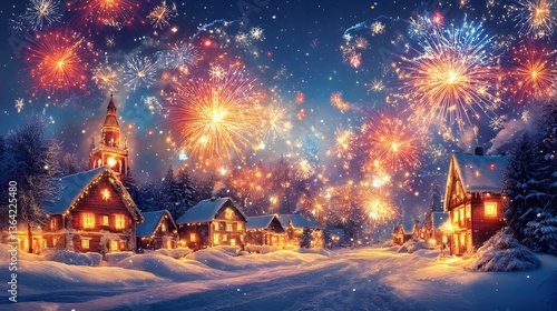 Wallpaper Mural Festive winter scene, cozy cottages with glowing lights, snow-covered landscape, perfect for holiday greetings or seasonal art. Torontodigital.ca