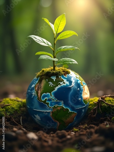 Happy Earth Day. A young tree sprouting from a globe