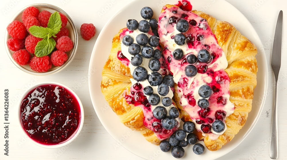 A visually captivating and mouthwatering food photography shot showcasing a decadent breakfast spread featuring flaky croissants vibrant berries and a dollop of rich whipped cream A visually captivating and mouthwatering food photography shot showcasing a decadent breakfast spread featuring flaky croissants vibrant berries and a dollop of rich whipped cream