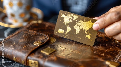 Luxury digital credit card with world map design resting on premium leather wallet. High-end financial technology enhances global transactions, offering convenience, security, exclusivity in business.