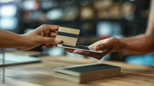 Close-up hands making contactless payment using gold credit card smartphone, transaction is taking place in modern retail environment, symbolizing digital transactions, cashless payments, modern.
