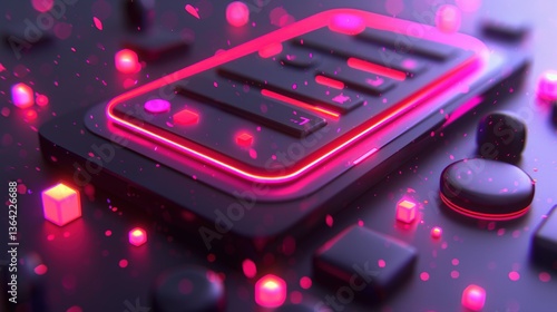 Futuristic abstract 3D glowing neon-themed digital interface with floating cubes and cybernetic elements, represents artificial intelligence, data processing, futuristic UI, and sci-fi technology.