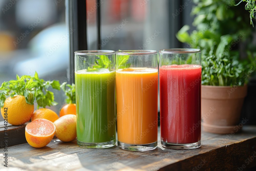 Fototapeta premium Three glasses of juice on a wooden table, with sliced fruits and a pitcher in the background. Bright and refreshing.