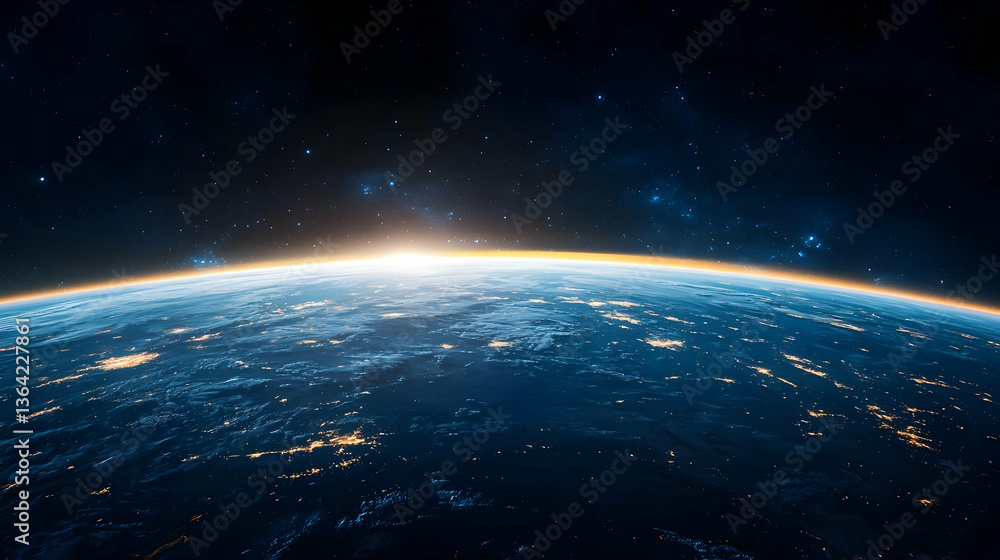 Fototapeta premium Blue Planet Earth Illuminated From Space With City Lights And Golden Sunrise Horizon