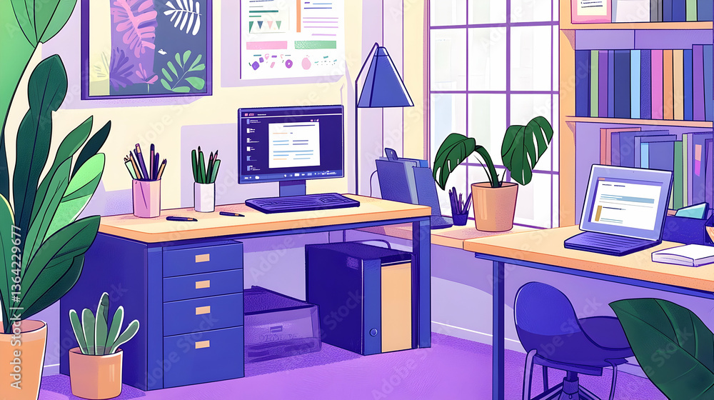 Cozy home office with two desks, plants, and bookshelves, sunlight streaming through window, ideal for productivity and work-from-home lifestyle Cozy home office with two desks, plants, and bookshelves, sunlight streaming through window, ideal for productivity and work-from-home lifestyle
