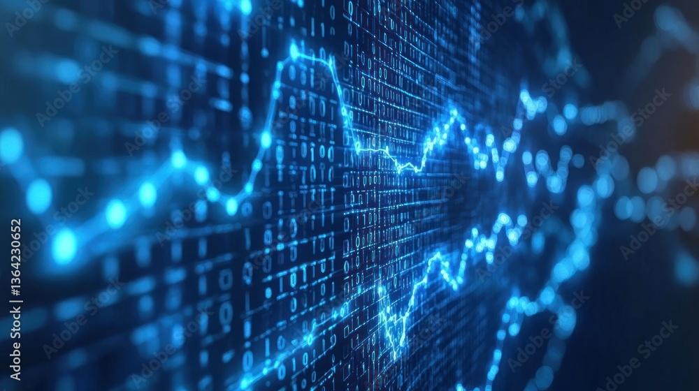 Abstract digital visualization of data trends with glowing blue lines and binary code. Abstract digital visualization of data trends with glowing blue lines and binary code.