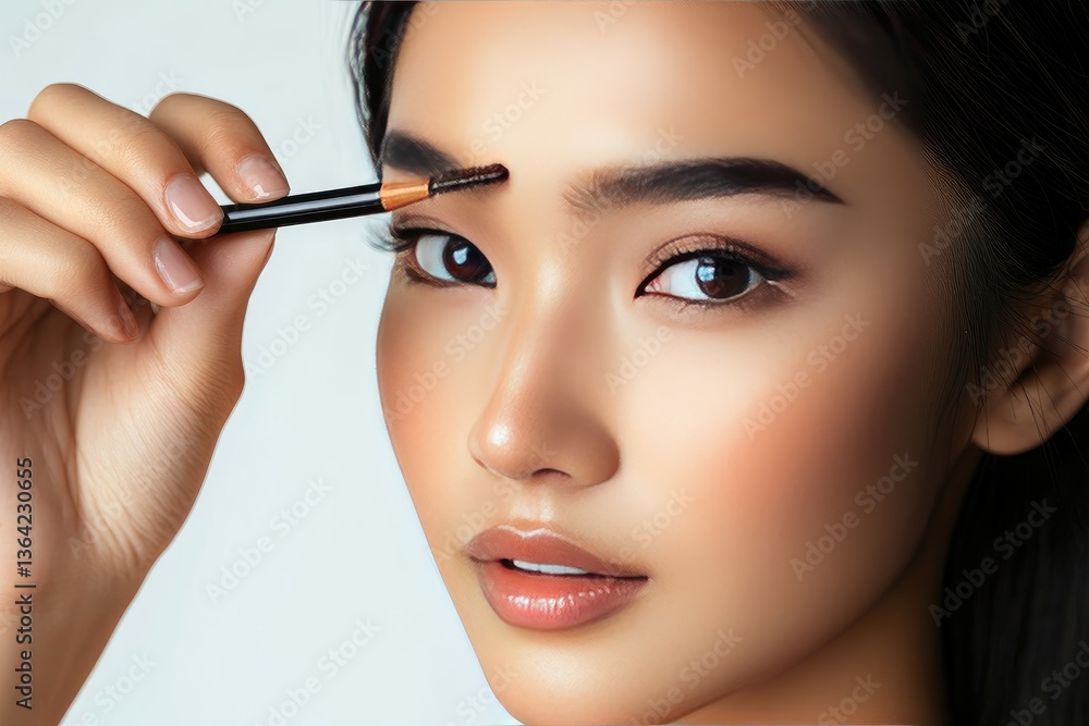 Curious ASEAN woman testing an eyebrow pencil, shaping her brows carefully, isolated. Curious ASEAN woman testing an eyebrow pencil, shaping her brows carefully, isolated.