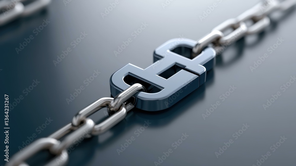 Fototapeta premium Close-up of a metallic chain link with a digital symbol integrated, symbolizing blockchain connectivity and security.