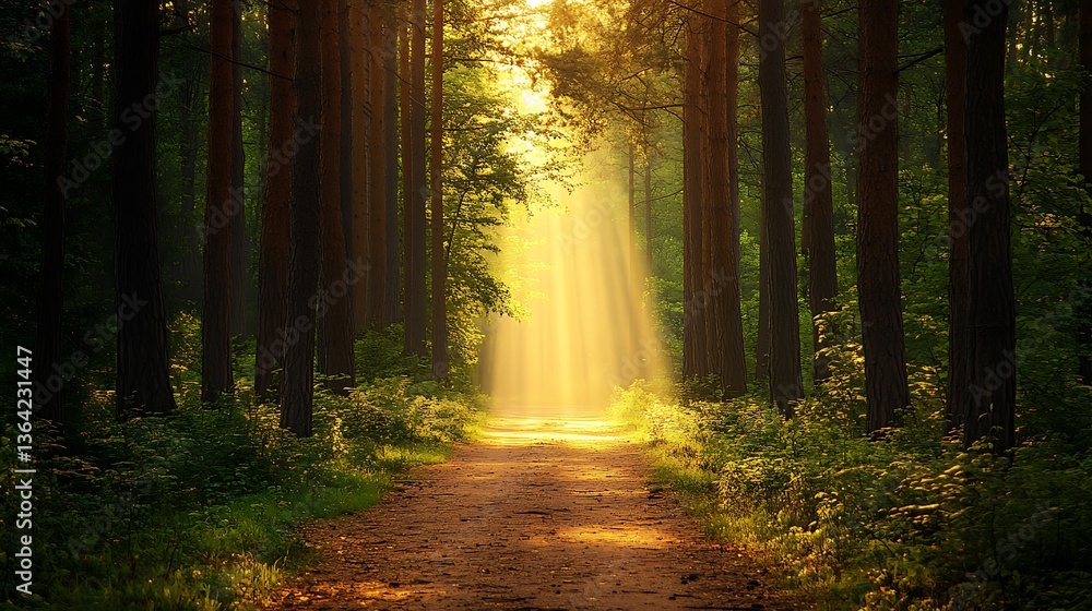 Obraz premium Sunbeams Path Forest Trail.