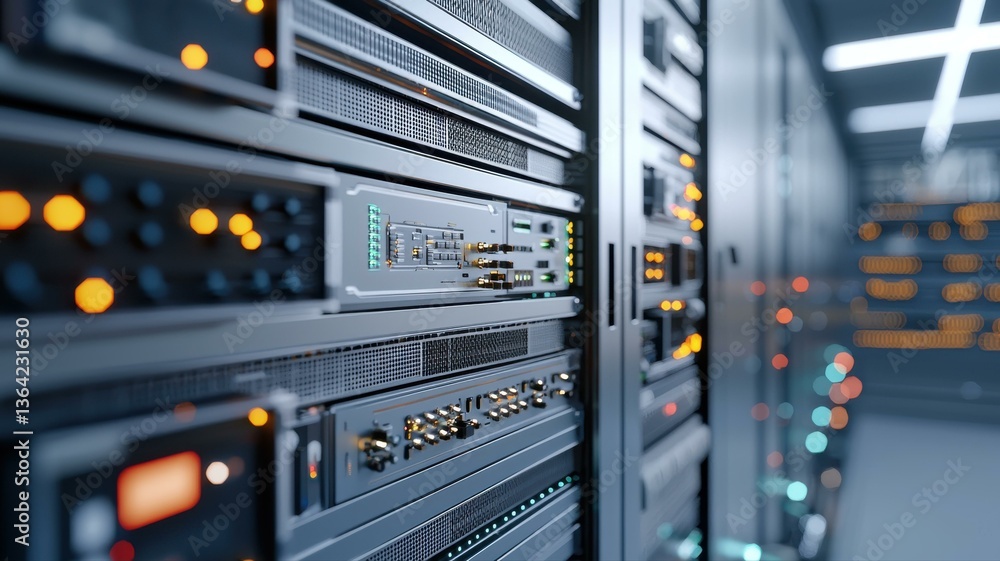 Close-up view of a modern data center server room with illuminated LED lights and cables connected to the servers.