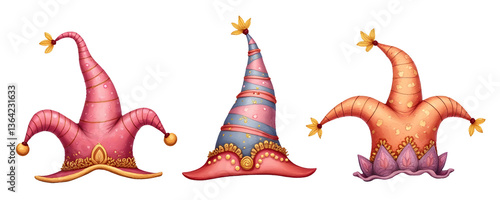 Colorful whimsical hats displayed in a playful arrangement. cut out,isolated, transparent background