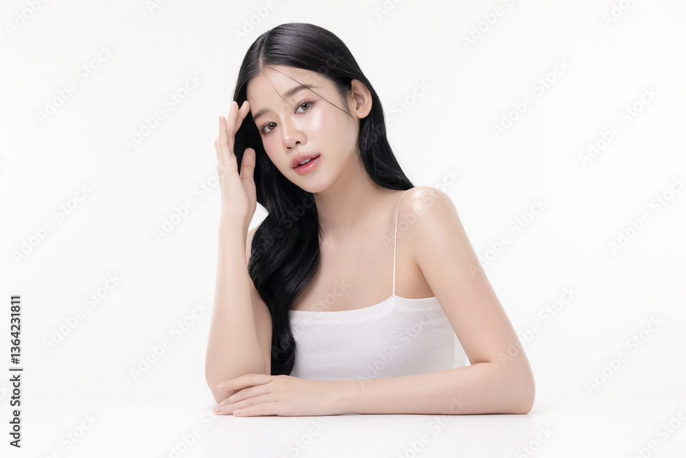 Portrait beautiful young Asian woman with K beauty style makeup and perfect skin on isolated white background. Facial and skin care concept for commercial advertising. Portrait beautiful young Asian woman with K beauty style makeup and perfect skin on isolated white background. Facial and skin care concept for commercial advertising.
