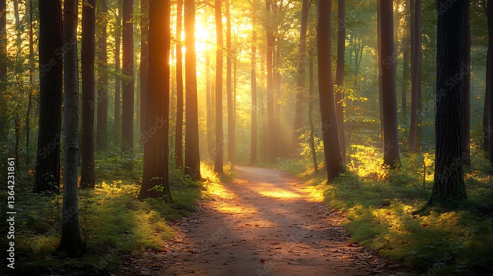 Fototapeta premium Sunlit Forest Path with Morning Mist.