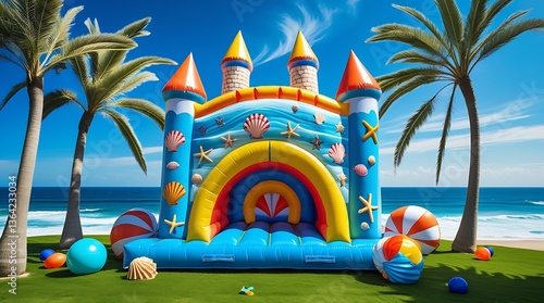 Beach-Themed Inflatable Castle Bounce House with Palm Trees and Ocean Waves
