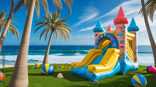Beach-Themed Inflatable Castle Bounce House with Palm Trees and Ocean Waves
