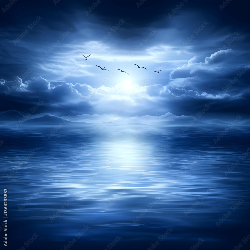 Obraz premium Moonlit ocean, birds flying, dramatic cloudscape; peaceful night scene, perfect for meditation or travel websites