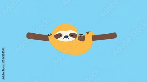Cute Sloth Hanging Branch Cartoon Illustration.