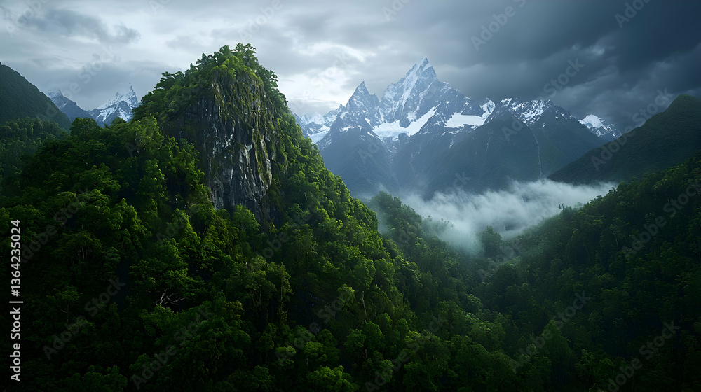 Fototapeta premium Pixelated Mountainous Forest Landscape With Foggy Valley