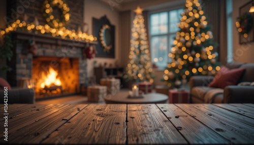 Rustic Wooden Table with Christmas Tree and Cozy Fireplace in Festive Holiday Setting with Copy Space.