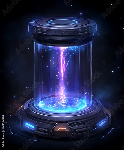 A futuristic cylindrical device holding energetic plasma inside transparent glass