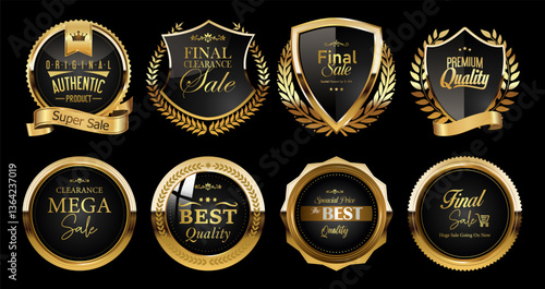Best quality premium golden badges and labels vector set. Shield icon with laurel wreath vector set. Premium quality stamp, gold labels and best offer badges collection