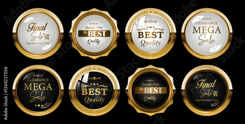 Best quality premium golden badges and labels vector set. Shield icon with laurel wreath vector set. Premium quality stamp, gold labels and best offer badges collection