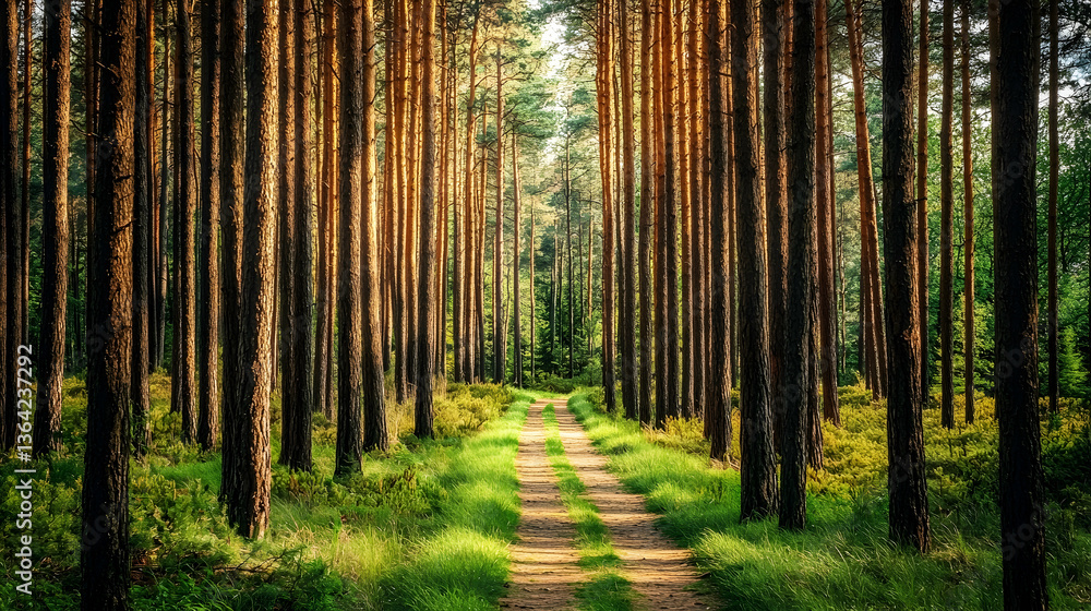 Obraz premium Sunlit path through tall pine trees in a forest; nature background for travel, peace, serenity
