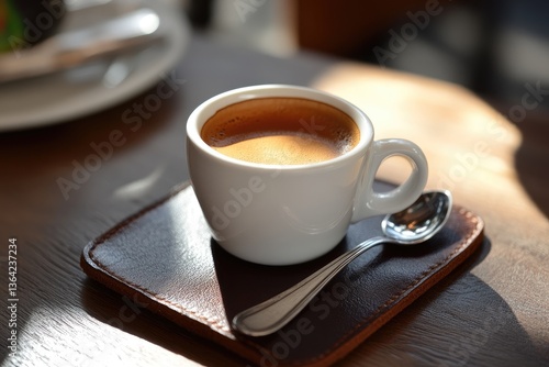 Artisan espresso shot in a delicate demitasse cup, placed on a leather coaster with a silver spoon in a private dining room.