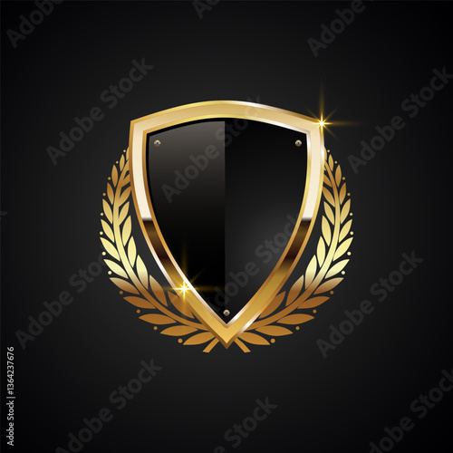 Best quality premium golden badges and labels vector set. Shield icon with laurel wreath vector set. Premium quality stamp, gold labels and best offer badges collection