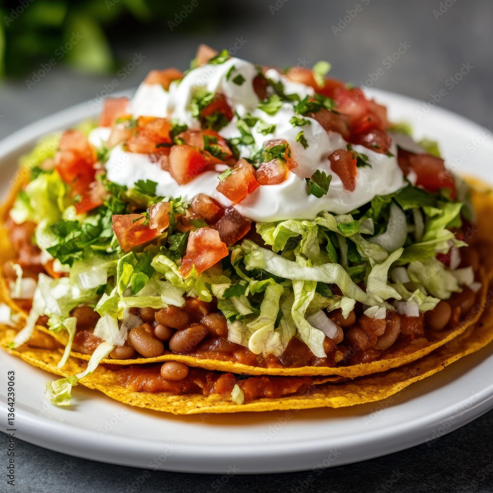 Mexican-style tostada layered with beans, fresh lettuce, diced tomatoes, and sour cream, served on a white plate with a rustic studio background. Mexican-style tostada layered with beans, fresh lettuce, diced tomatoes, and sour cream, served on a white plate with a rustic studio background.