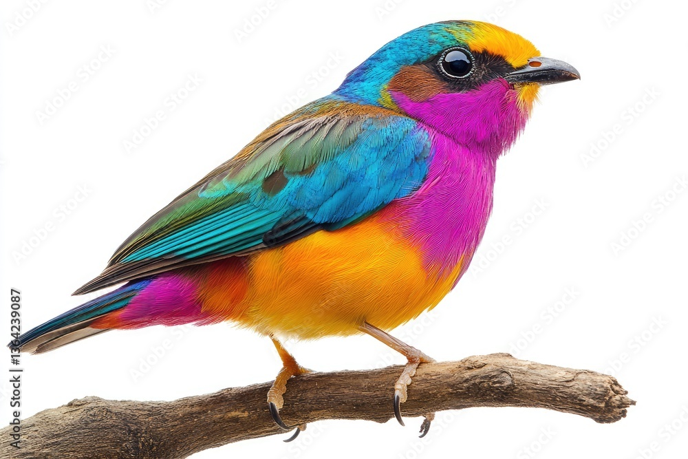 Fototapeta premium Fairy pitta perched on a branch, vibrant rainbow plumage, sharp feather details, isolated.