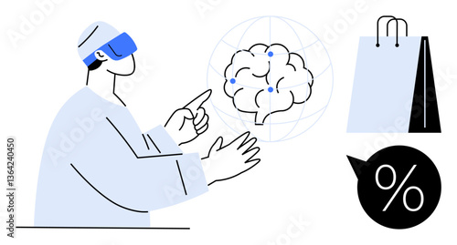 Man wearing VR headset interacting with virtual brain, shopping bag, and percentage icon. Ideal for technology, e-commerce, innovation, virtual reality, artificial intelligence, futuristic concepts