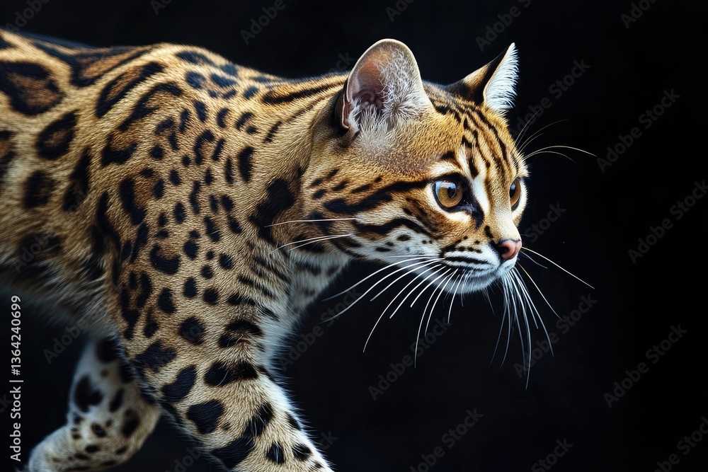 Obraz premium Asian leopard cat mid-stride, striking golden coat with dark spots, hyper-detailed whiskers, isolated.