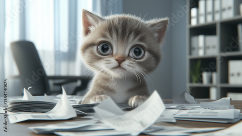 A sad gray kitty is going through papers at a desk in an office with a window and a papoose cabinet in the background