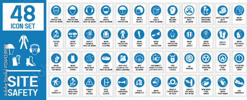 A comprehensive collection of 48 mandatory safety signs, designed for clarity and universal understanding.