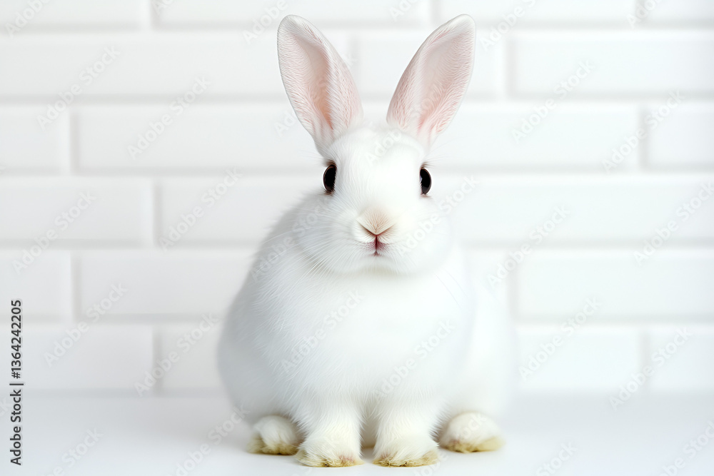 Obraz premium A cute fluffy white bunny, a small domestic pet, with adorable ears isolated on a white background