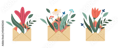 Envelopes with flowers and herbs set. Hello spring concept. Summer Letter. Vector illustration, flat design. Flowers bouquet in envelope. Hand drawn trendy icon.