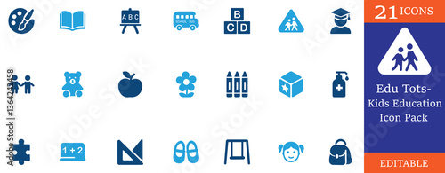 A playful kids' education icon pack with 21 editable vector icons. Perfect for preschool, kindergarten, apps, games, e-learning, and educational branding. Simple, cute, and modern style
