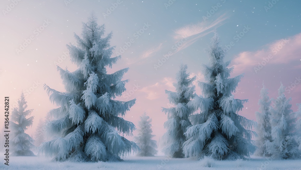 Frost-covered fir trees stand in a snowy landscape at dusk Frost-covered fir trees stand in a snowy landscape at dusk