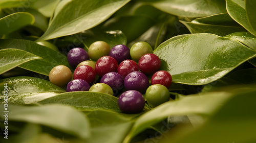 Wallpaper Mural Colorful candies nestled in lush green leaves; vibrant nature background; perfect for food packaging or advertising Torontodigital.ca