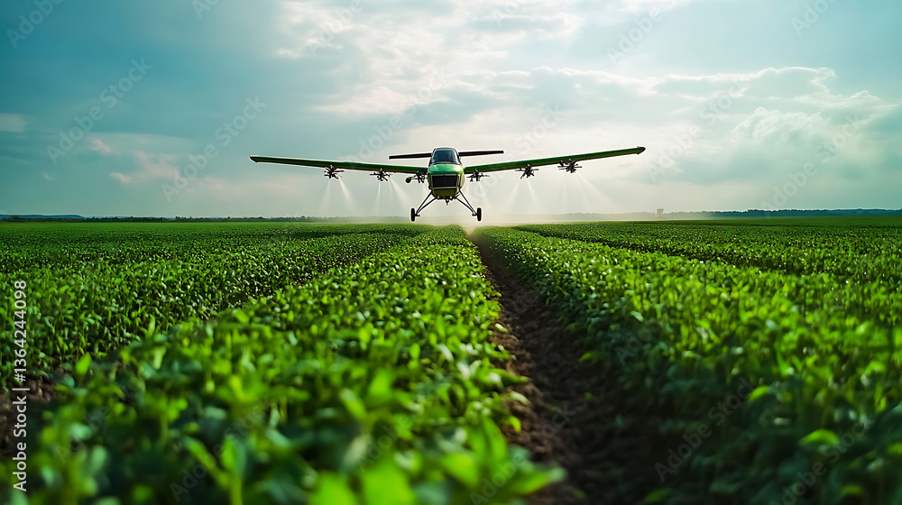 Agricultural airplane spraying crops in a green field under sunlight