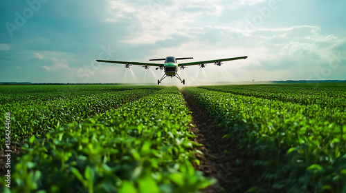 Obraz na płótnie Agricultural airplane spraying crops in a green field under sunlight w salonie