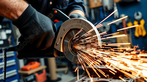 Close-up of a man sawing   bearing metal with a hand circular saw, bright flashes flying in different directions, in the background tools for an auto repair shop. Work of auto mechanics.