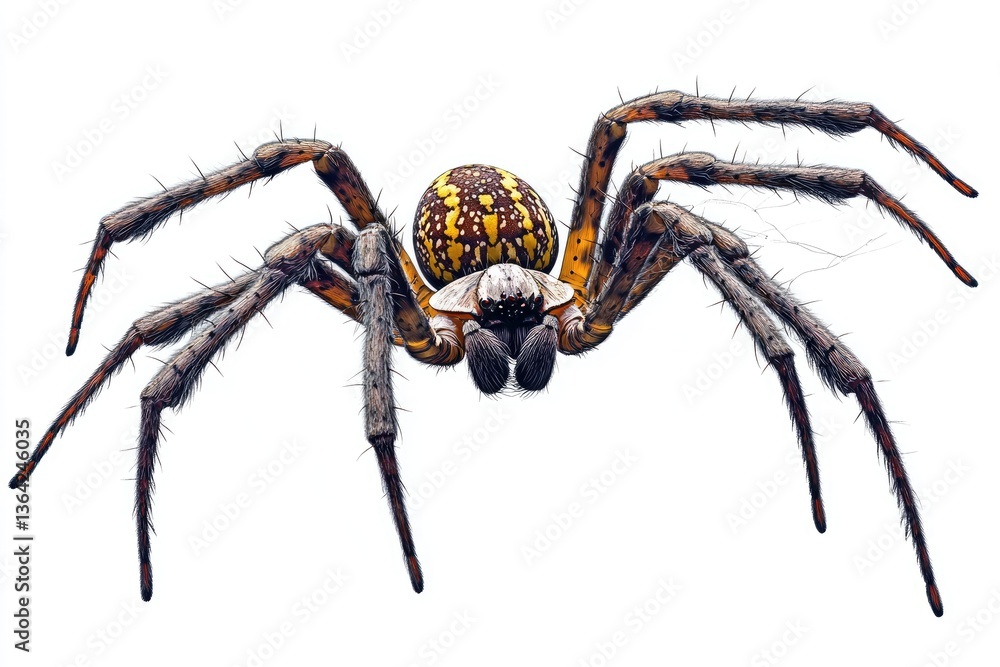 Giant golden orb-weaver spider with legs fully extended, intricate web patterns, isolated. Giant golden orb-weaver spider with legs fully extended, intricate web patterns, isolated.