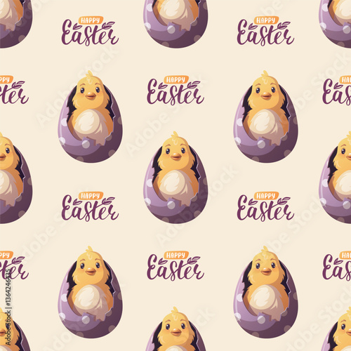 Easter seamless pattern with decorated easter eggshell with cute little chicken. Vector illustration for scrapbooking, background, wrapping paper.	